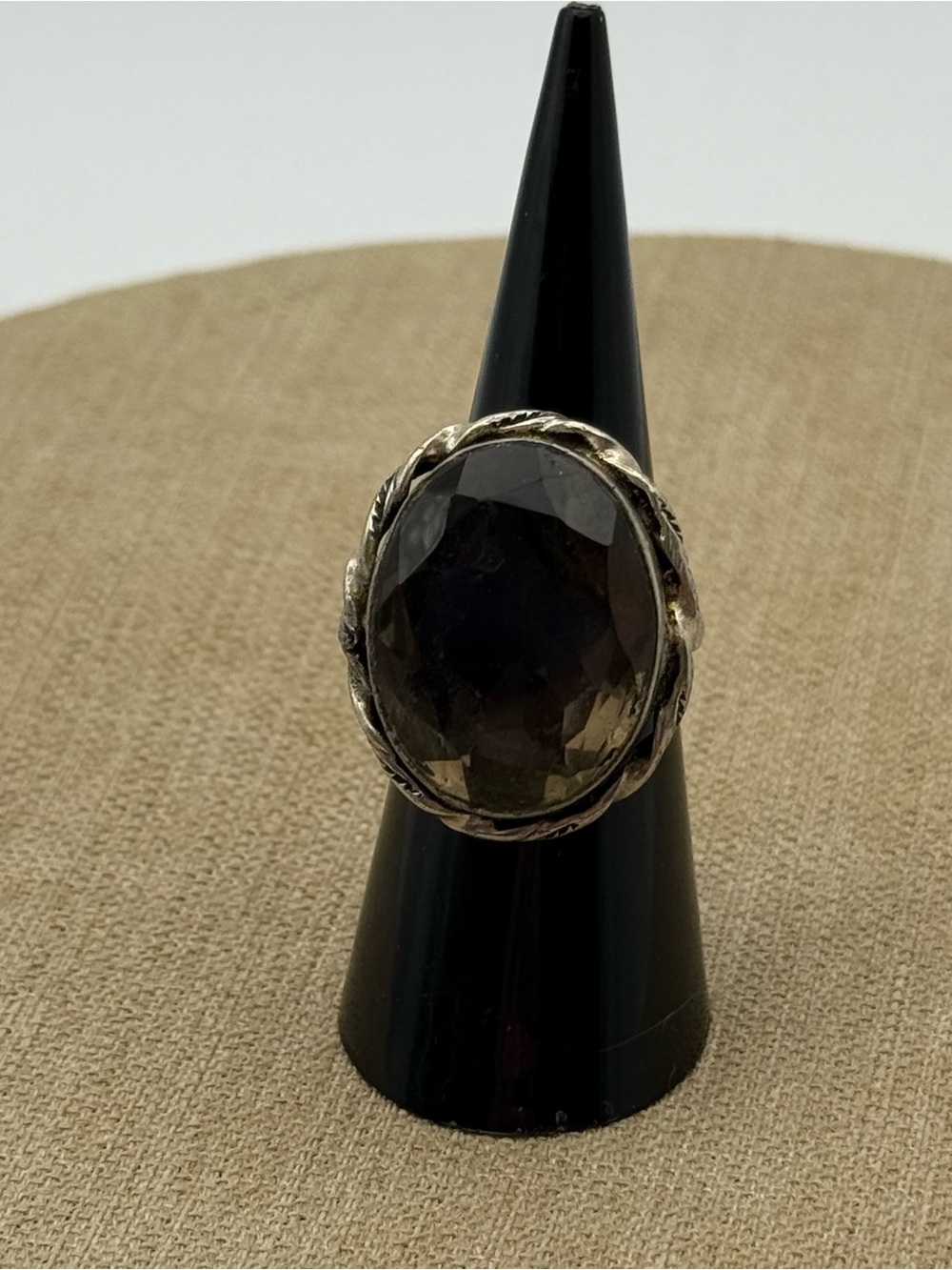 Smoky Quartz-Style Oval Cocktail Ring in Silver Tone